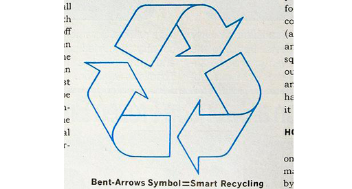 Blue outlined recycle symbol with book text surrounding it.