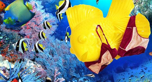 Fish aquarium with a yellow rubber fish in a red and pink bra and underwear.