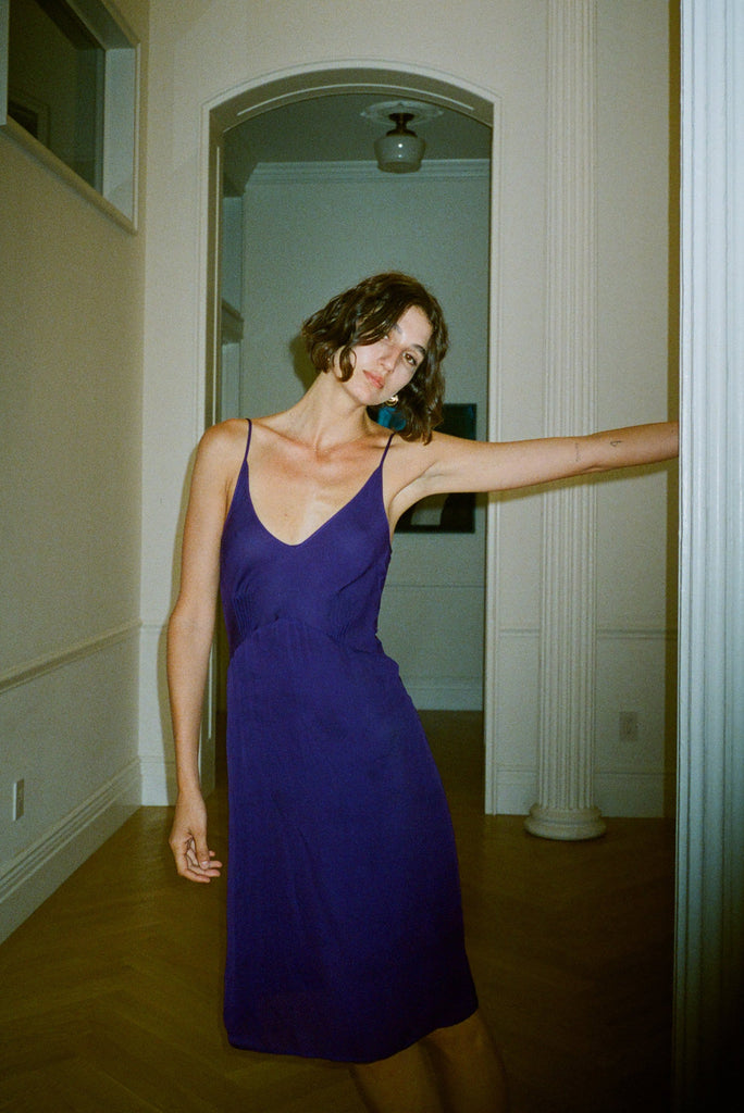 model wearing the cadel slip in purple silk colorway