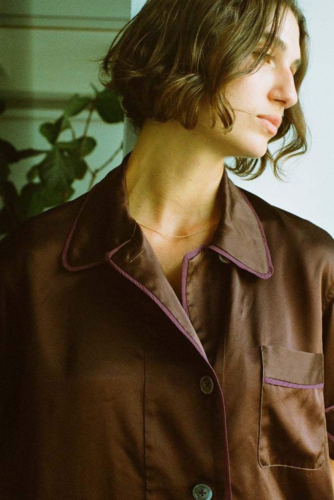 model wearing the shelby pajama top in brown silk