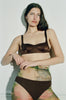 model wearing the gita underwire bra in brown silk charmeuse