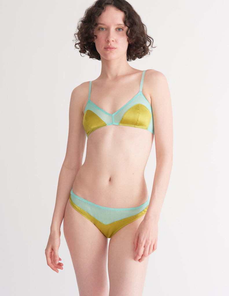 a model in the beatrice bralette and aaron panty in hummingbird green and blue