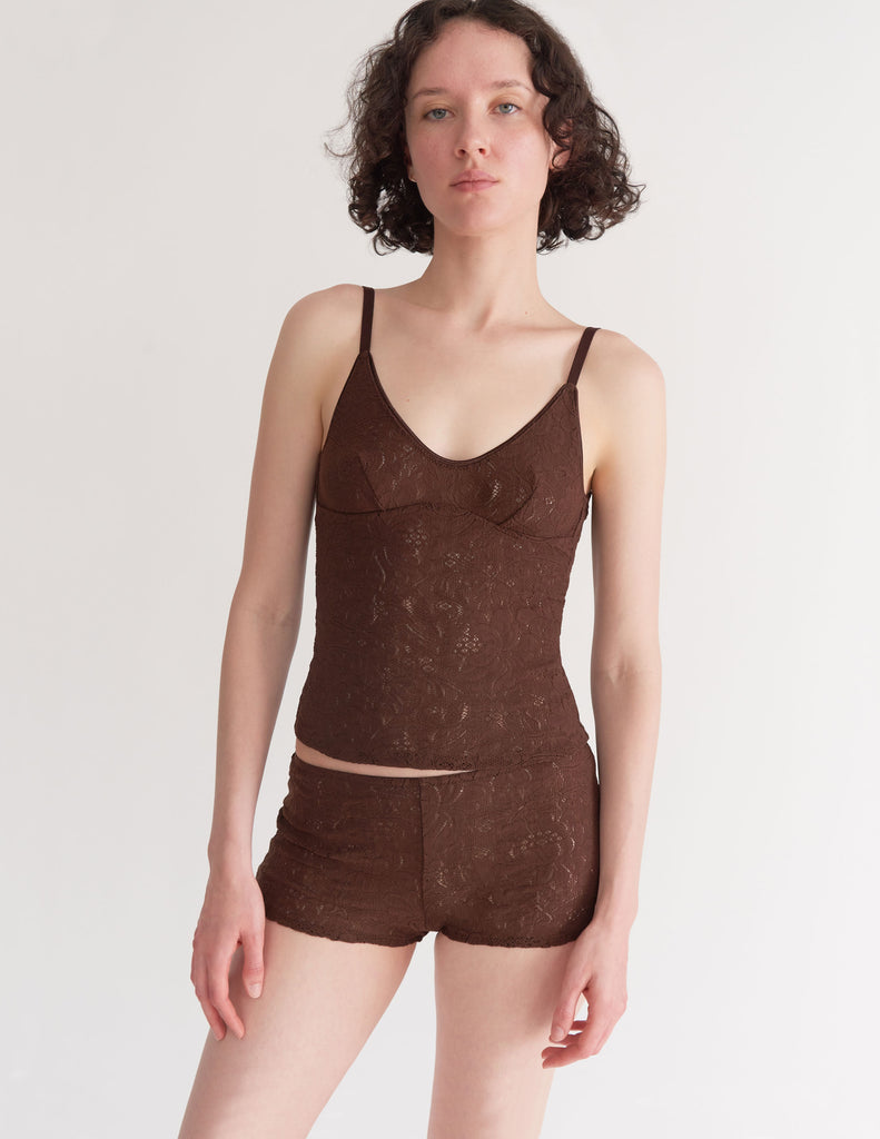 a model in the georgia cami and guinevere shorts in carob brown