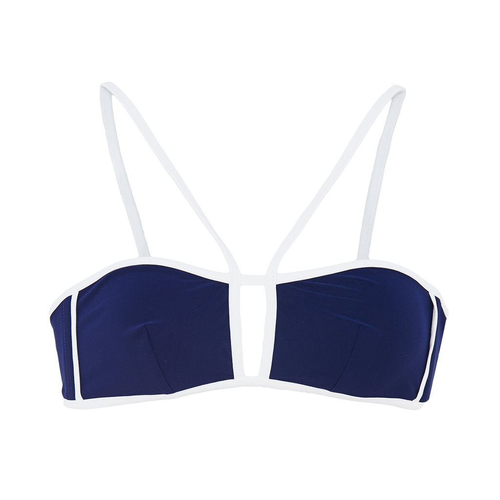 a flat lay image of hannah bandeau bikini top midnight blue