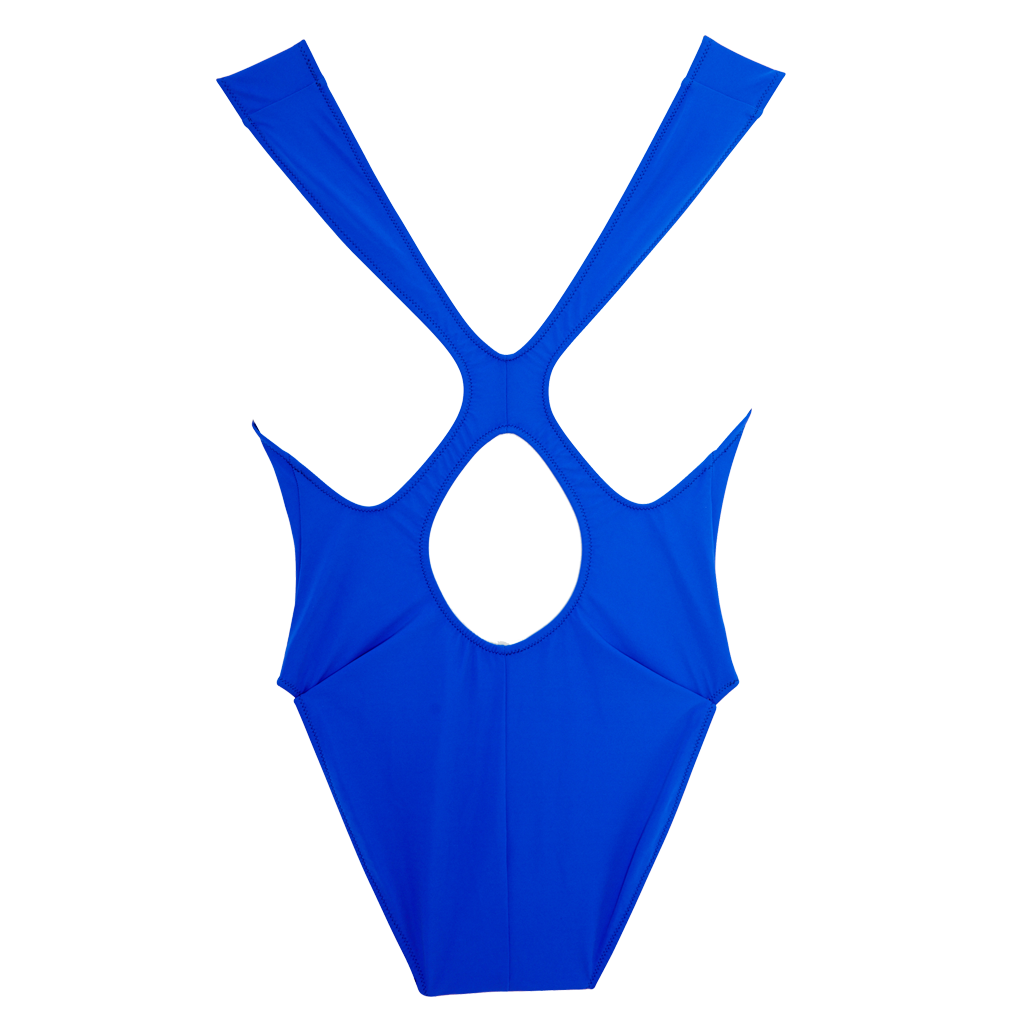 a flat lay back image of the jireh one piece in royal blue