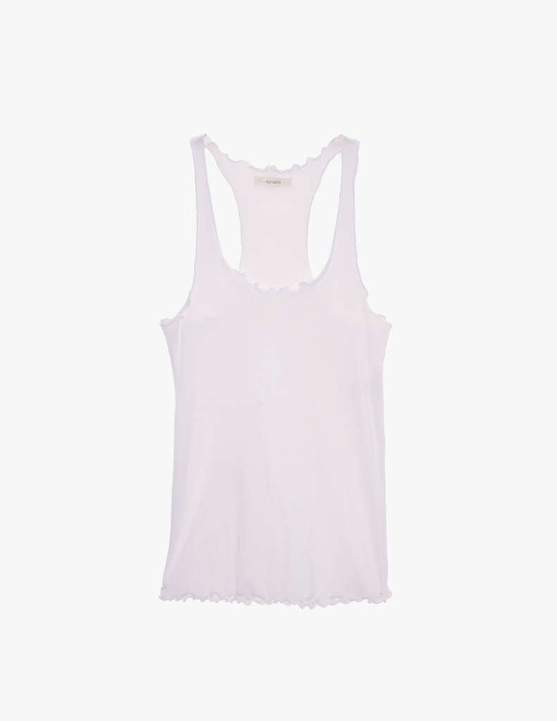 a flat lay of the kinee scalloped tank in white