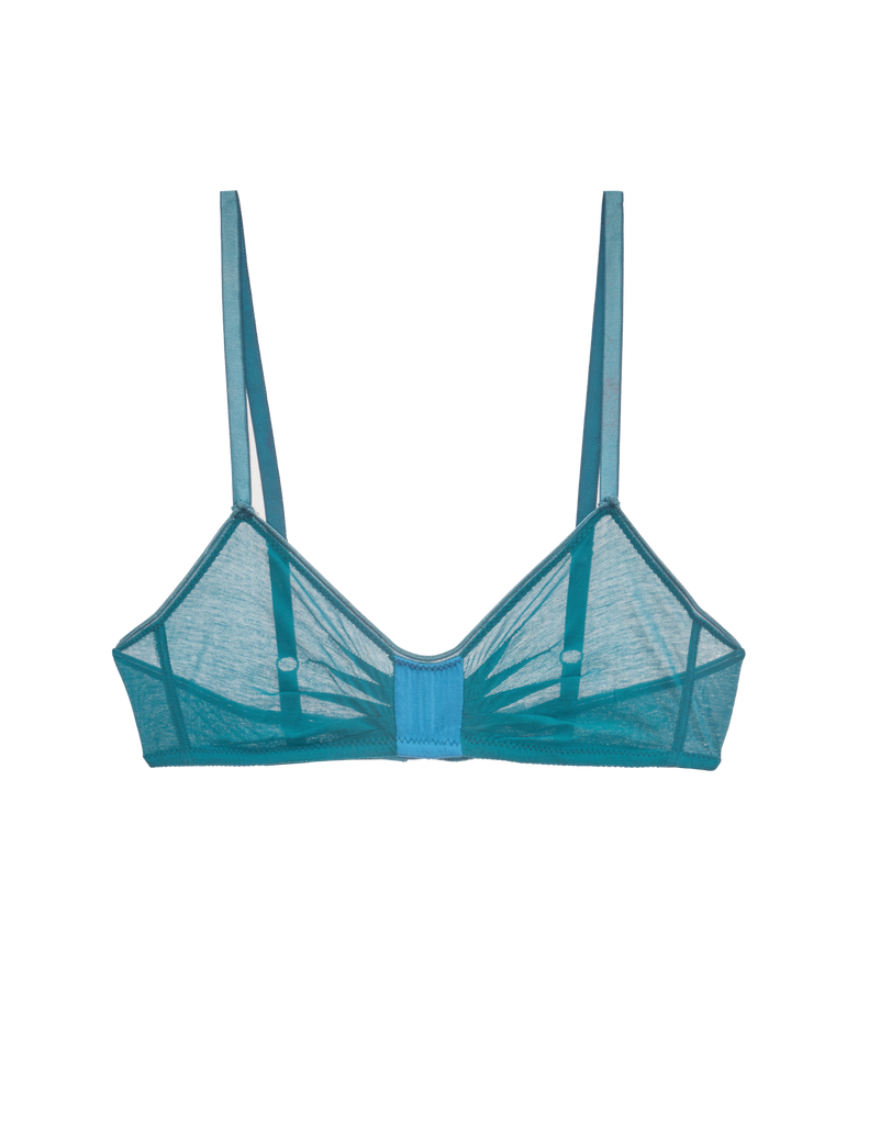 a flat lay image of the uma bralette in flutter blue