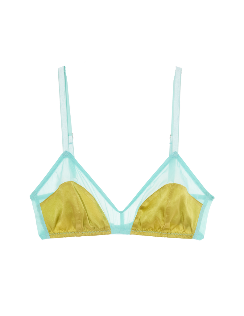 a flat lay image of the beatrice bralette in hummingbird green and blue