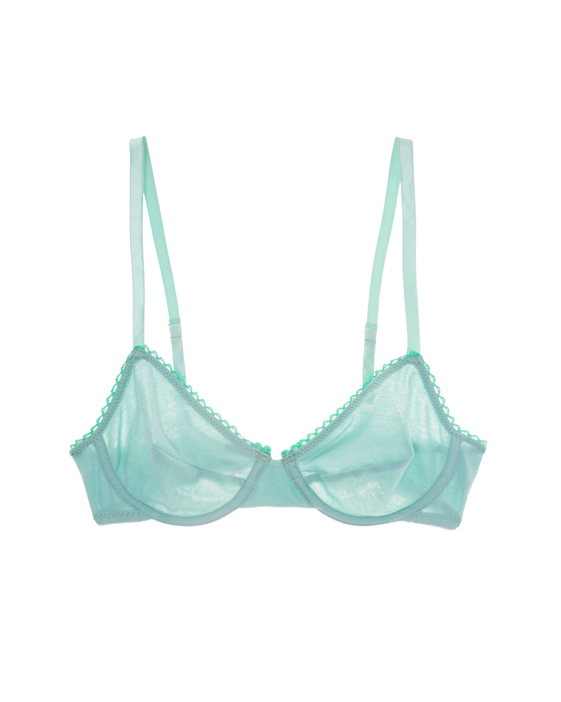 a flat lay image of the sofia underwire bra in sage green organic cotton
