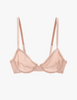 Flat image of sand colored cotton underwire bra with matching trim.