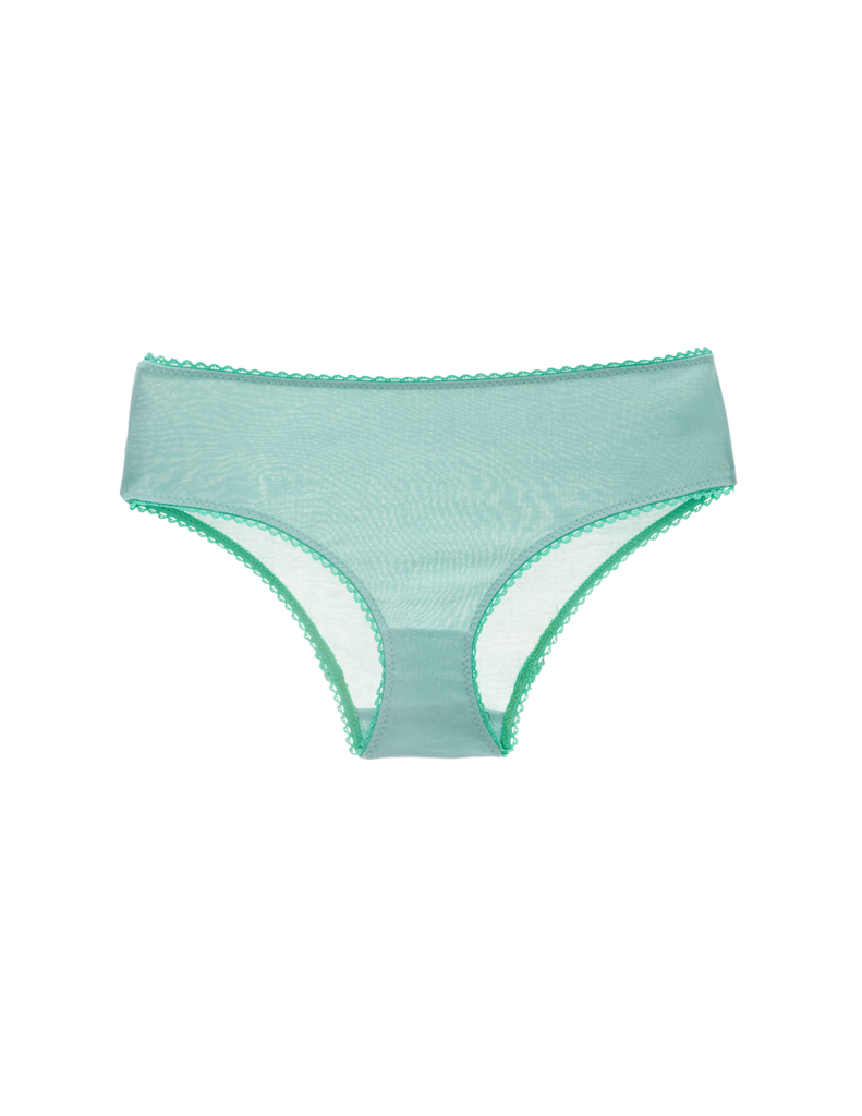 a flat lay image of the josephine hipster panty in sage green organic cotton