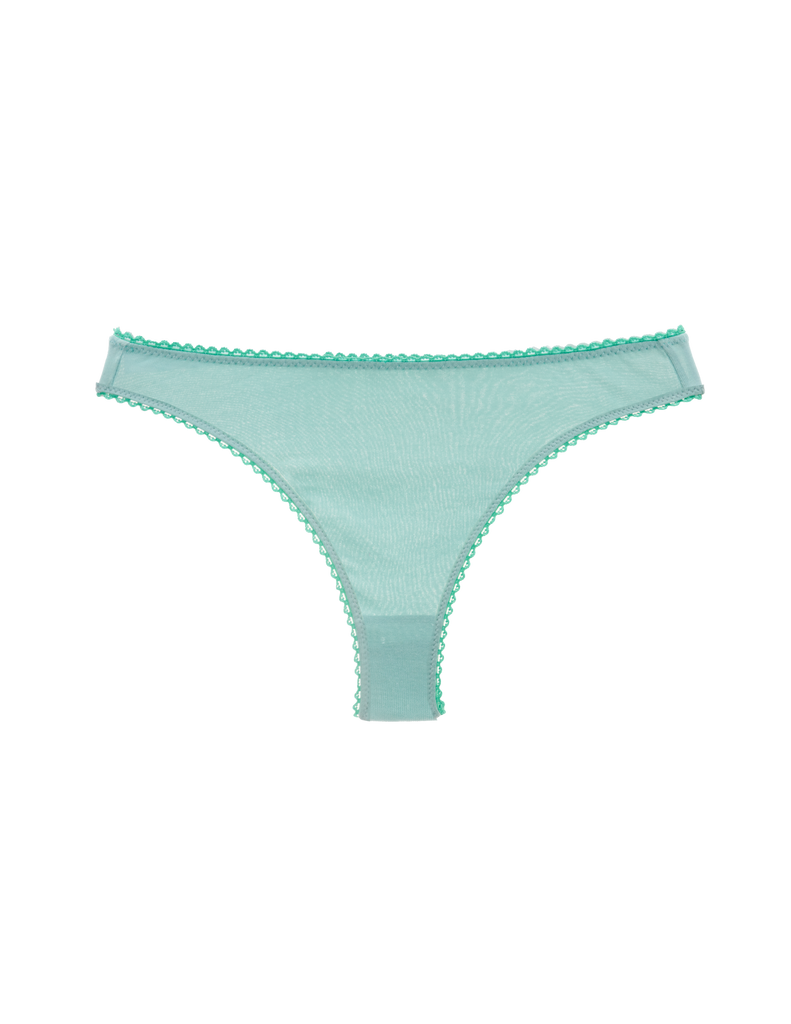 a flat lay image of the stella thong in sage green organic cotton