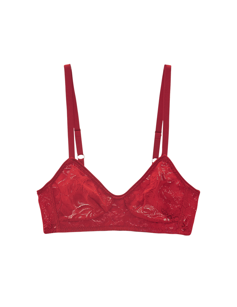 a flat lay of the tamara bralette in cardinal red