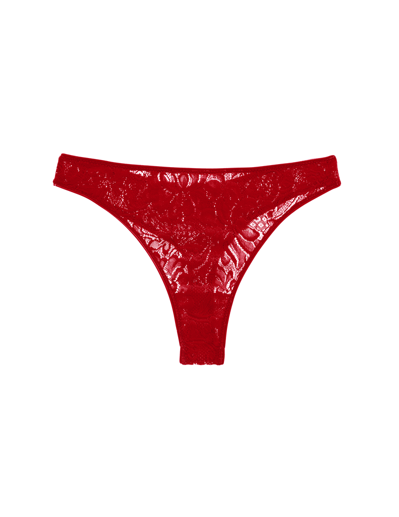 a flat lay image of the tine thong in cardinal red