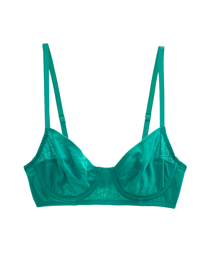Emerald Green Underwired Lace Up Satin Lace Trim Br
