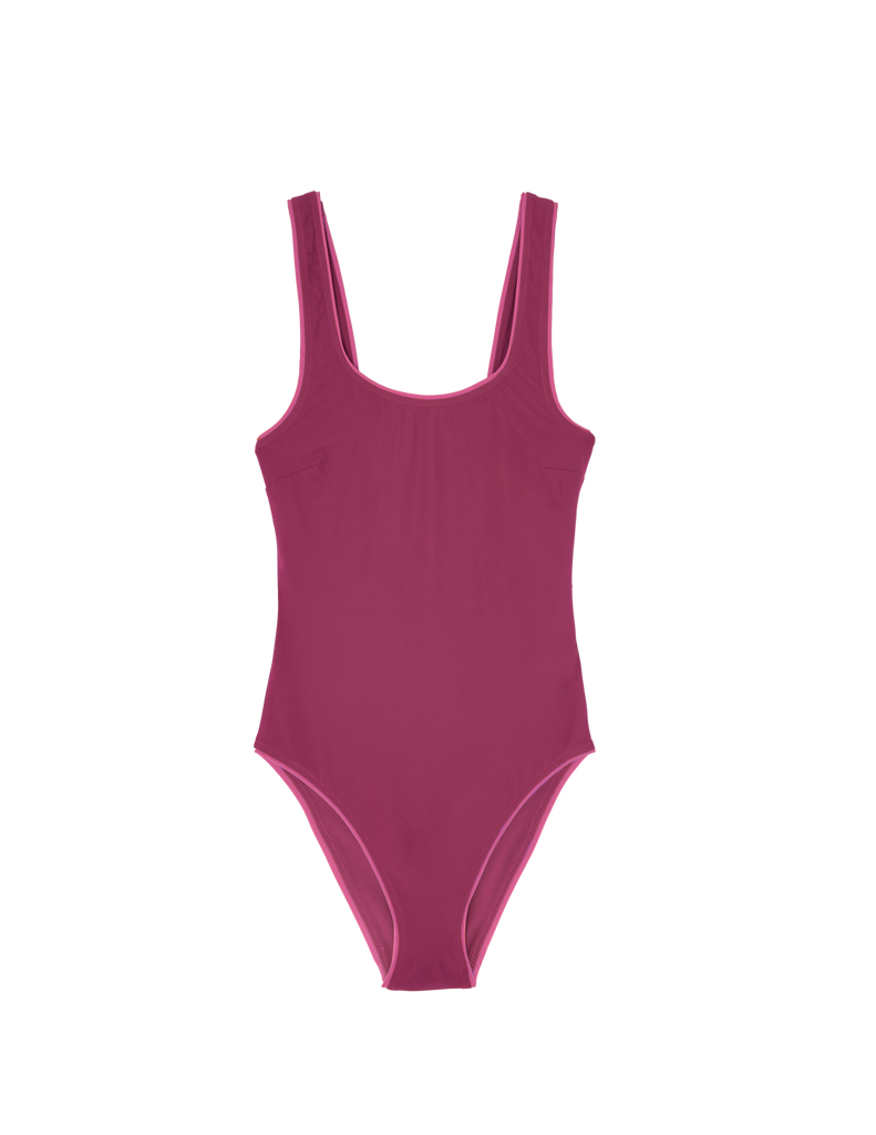 a flat lay image of a rust red brown luna one piece swimsuit