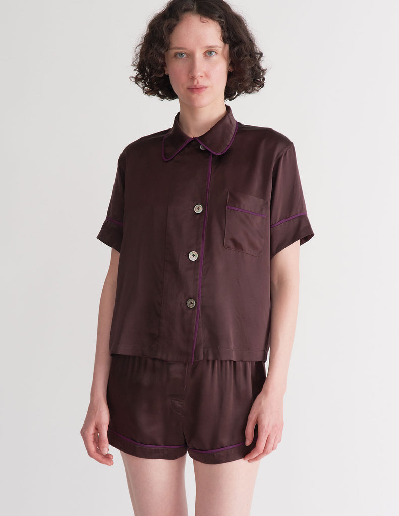 Woman wearing brown silk Shelby PJ Top