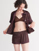 Woman wearing brown silk Shelby PJ Top