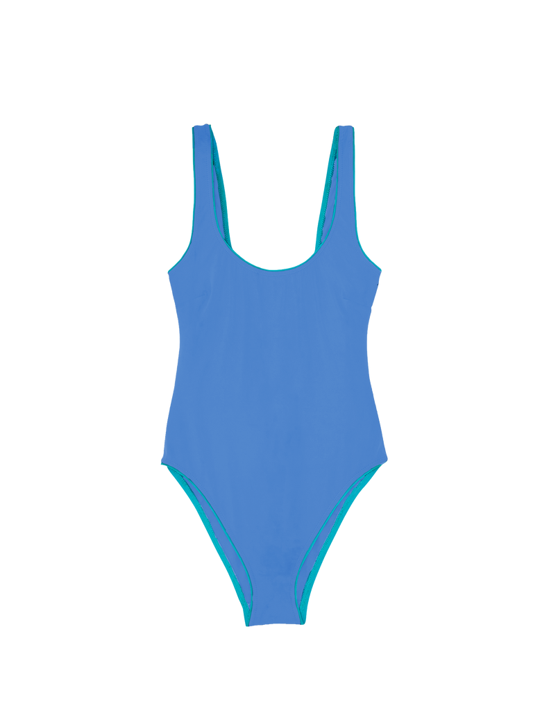 a flat image of the luna one piece swimsuit in iris blue