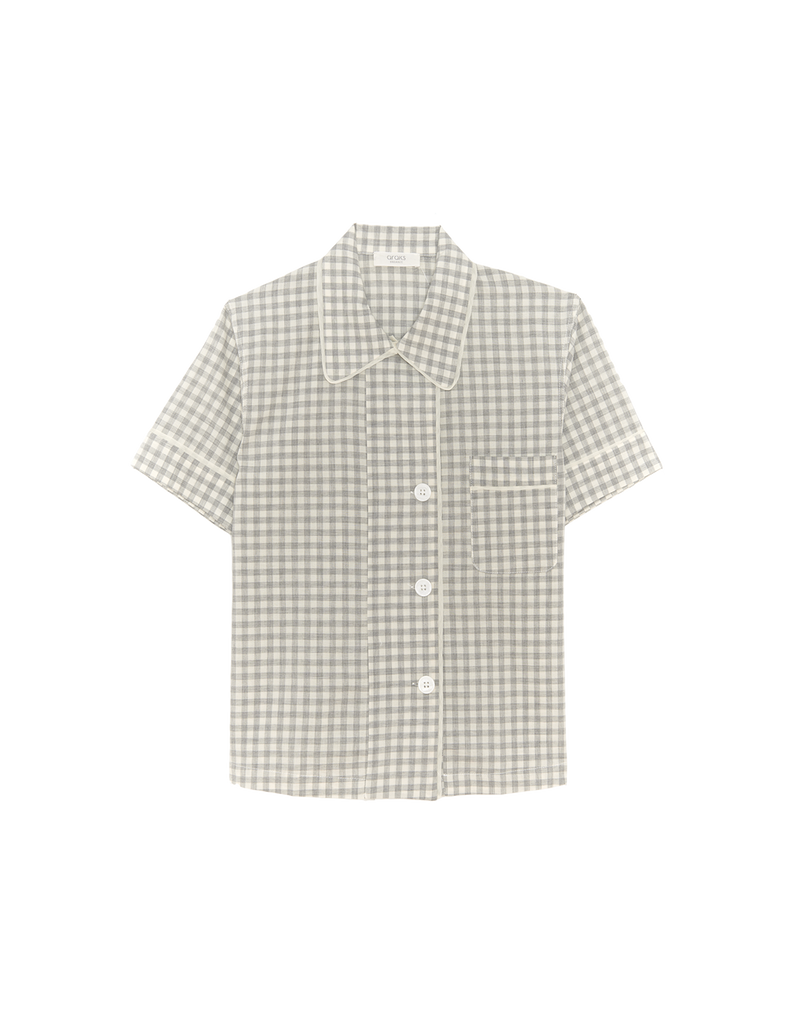 a flat lay of a shelby pajama top in fog gingham
