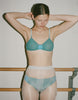 a model wearing the uma bralette and saffi panty in flutter blue cotton